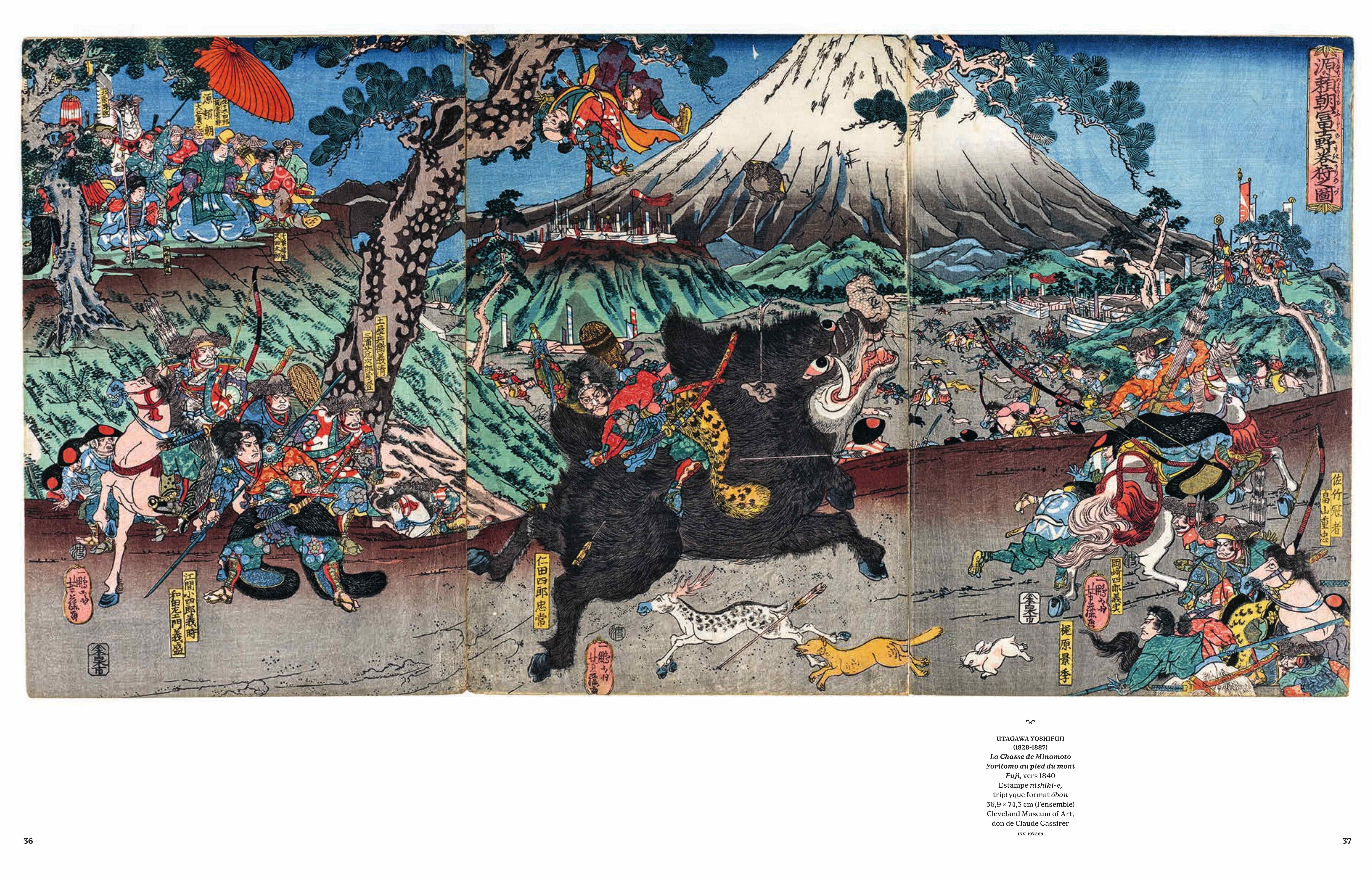 double page UTAGAWA YOSHIFUJI La Chasse de Minamoto Yoritomo au pied du mont Fuji, vers 1840