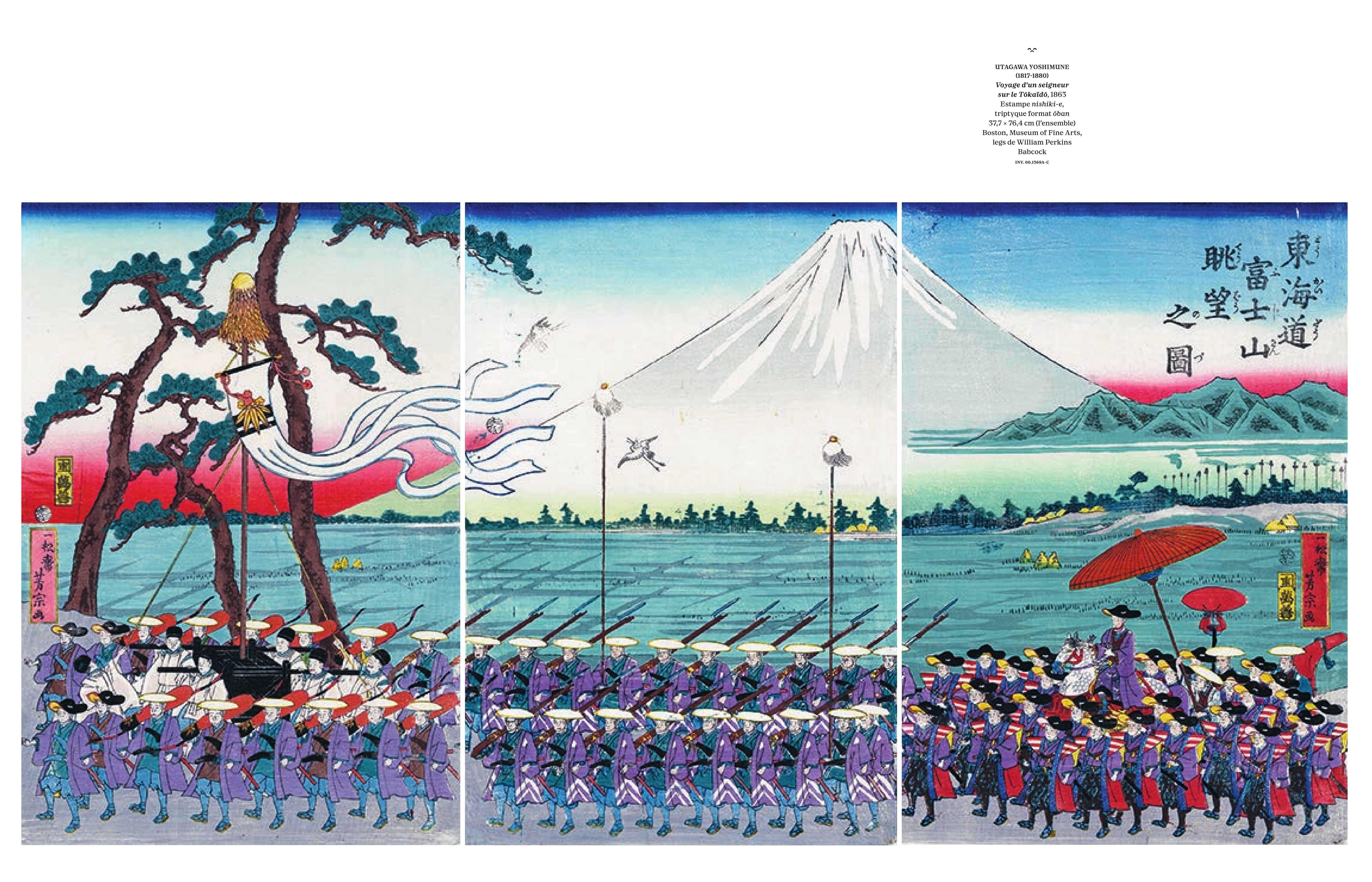 double page UTAGAWA YOSHIMUNE Voyage d'un seigneur sur le Tōkaïdō, 1863