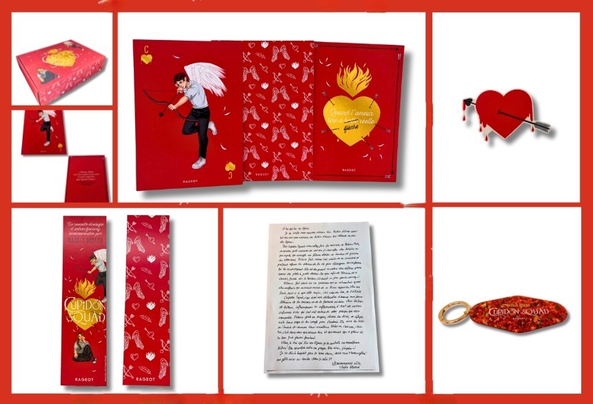 Visuel des objets exclusifs à découvrir au côté du roman dans la box :  un Porte-clés, un tatouage éphémère, un marque-page, des cartes de St Valentin, une lettre de Maëlle Desard, un chapitre bonus