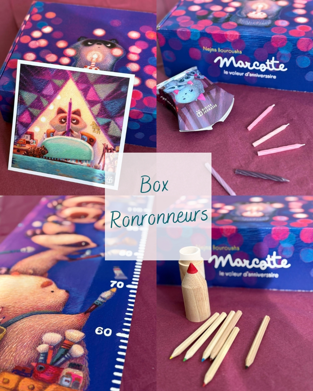 Visuels des objets à découvrir dans la box :  un ex libris d'une illustration de Marcotte, des bougies d'anniversaire,  un crayon de couleur géant comportant 6 crayons de couleurs, une toise avec une illustration exclusive de Nejma Bourouaha