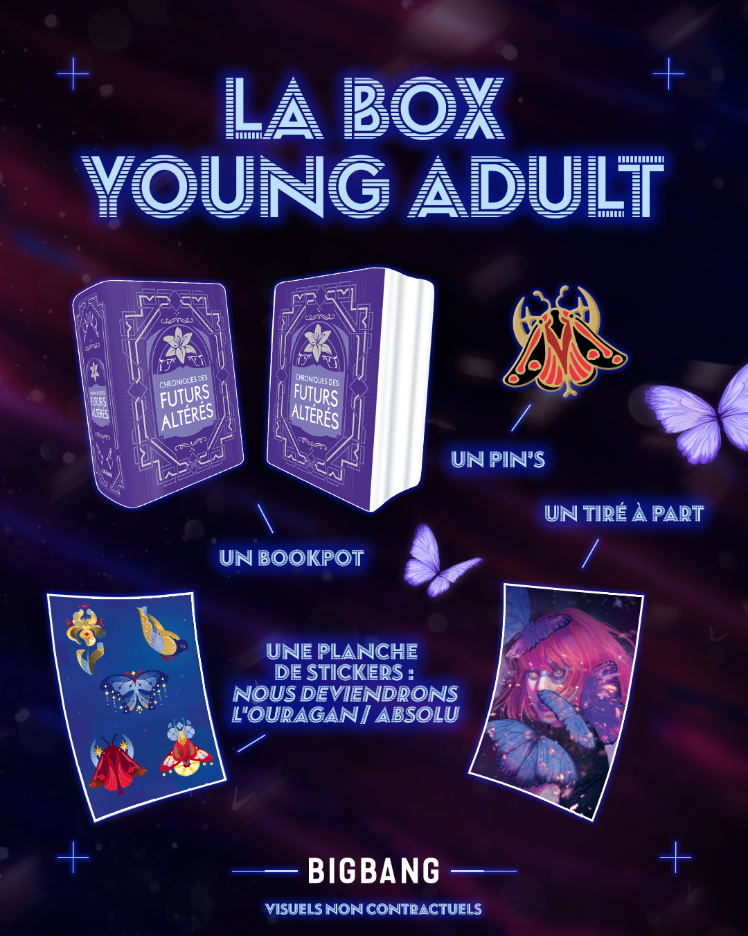 un bookpot, un pin's, un tiré à part et une planche de stickers